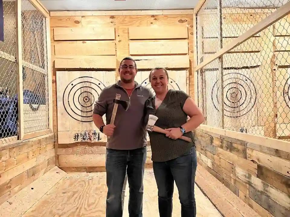 Interior view of The Axe Pit axe throwing facility in Los Angeles