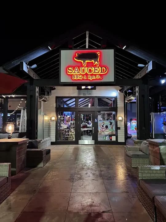 Interior view of Sauced BBQ & Spirits axe throwing facility in Los Angeles