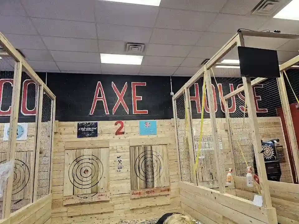 Interior view of Delco Axe House axe throwing facility in Philadelphia